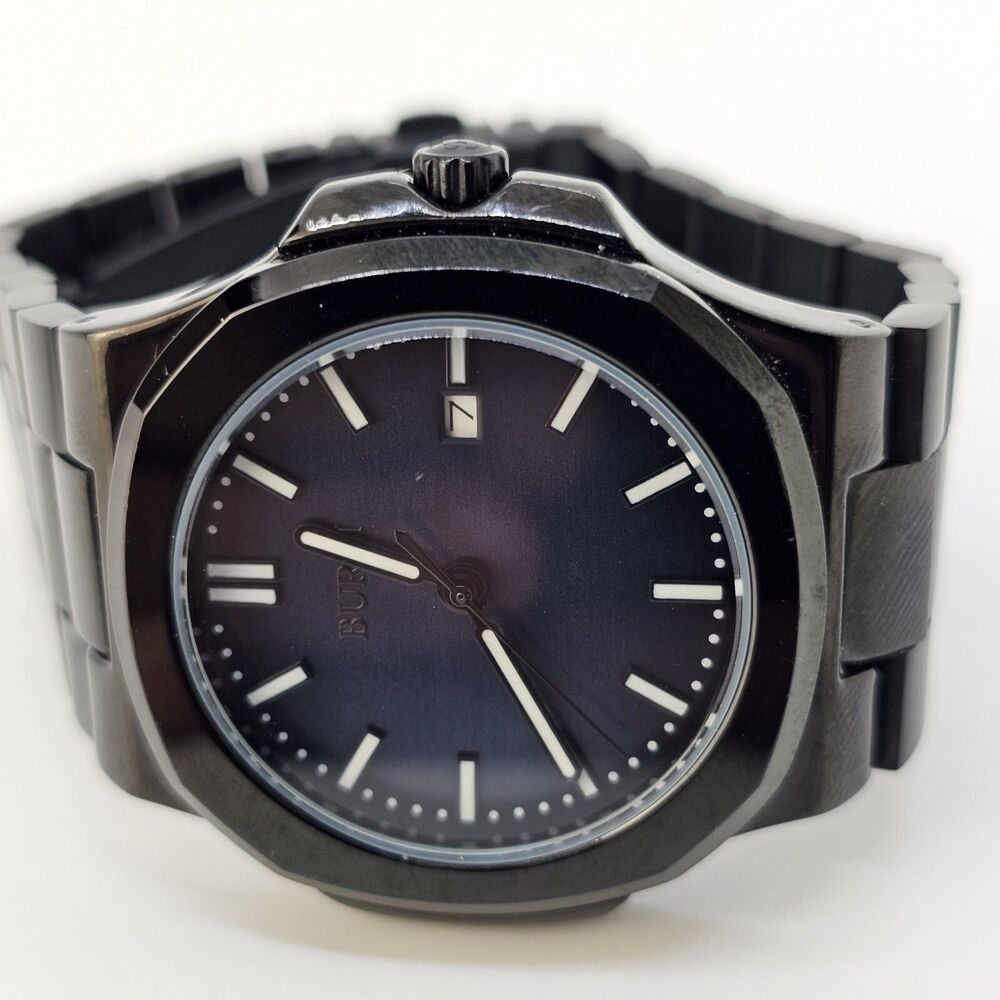 Men's BUREI Watch 40MM Black Blue Dial Black Case Bracelet 6" New‎ Battery